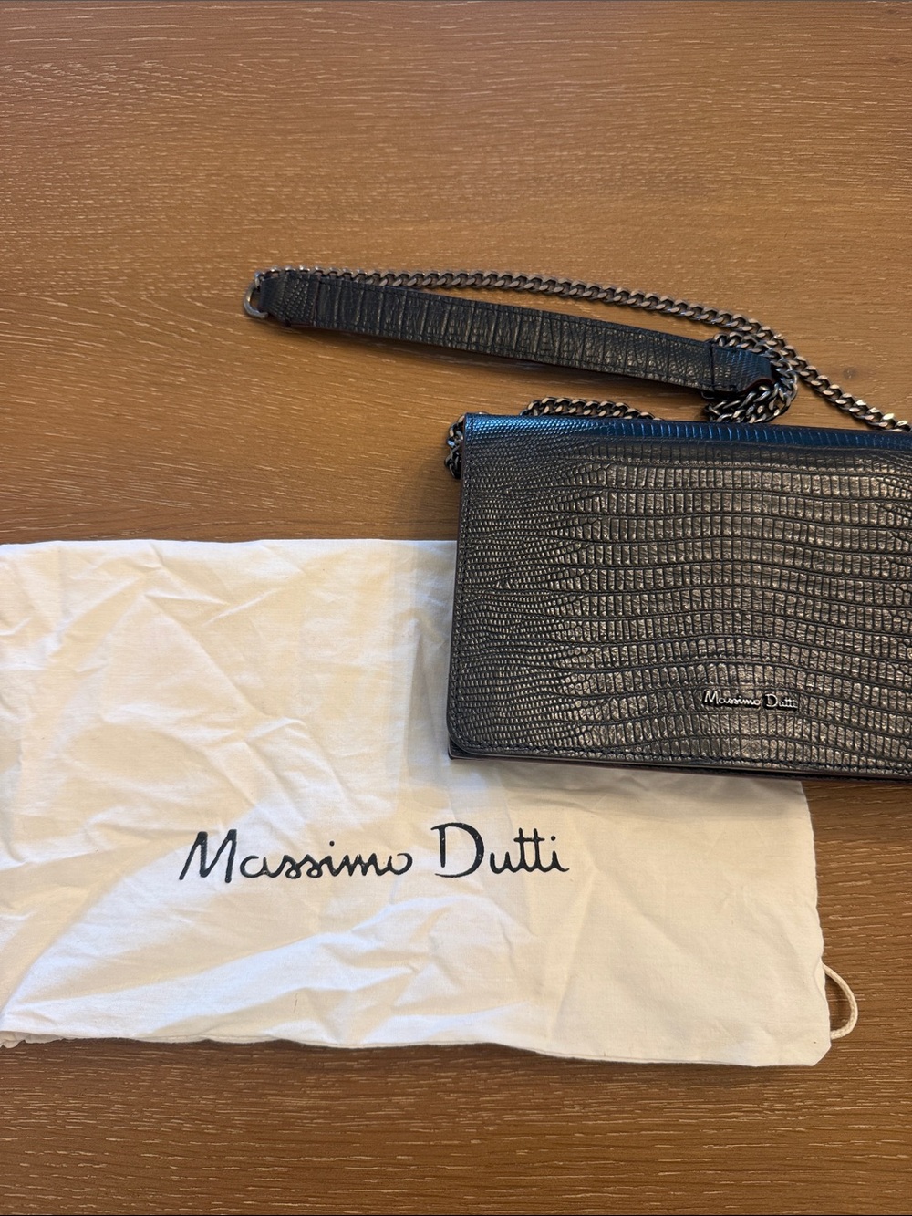 Massimo Dutti Black Lizard-Embossed Leather Chain Crossbody